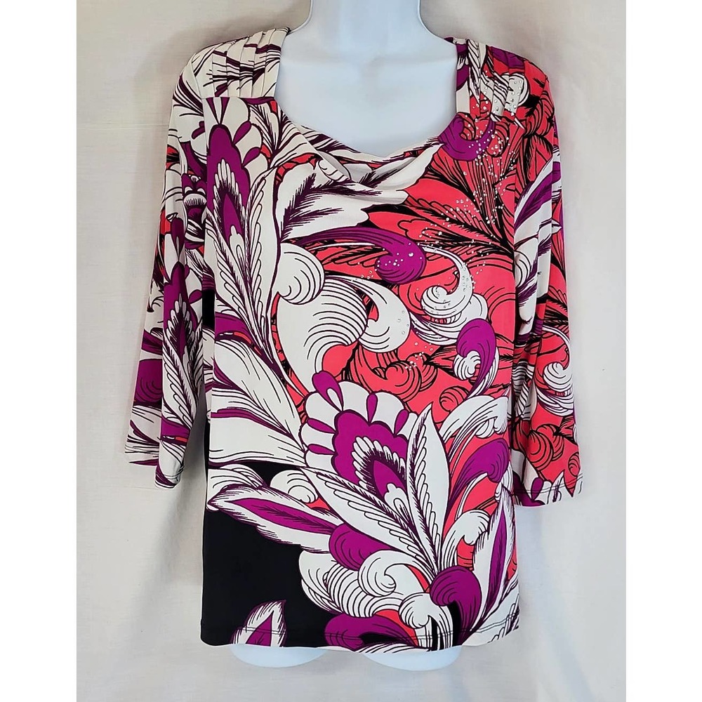 Madison Womens Medium 3/4 Sleeve Scoop Neck Sequin Floral Pullover Blouse